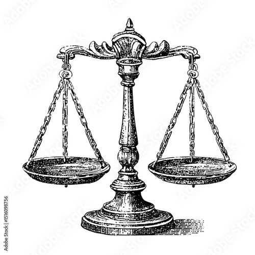 A sketch of scales of justice is presented in a black and white outline engraving style, mimicking scratch board, illustrated in vintage line art on a white background