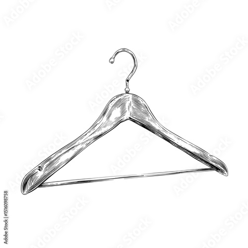 A vintage line art style illustration of a wooden hanger is presented in black and white outline on a white background, with the appearance of a scratch board imitation