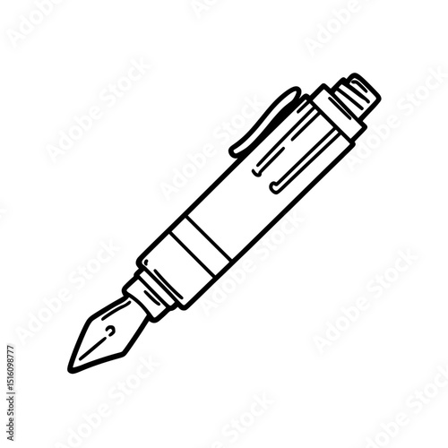A simple pen with a clip and a nib is depicted in a line art illustration