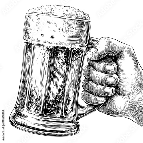 A vintage-style silhouette line drawing depicts a hand holding a mug filled with foamy beer