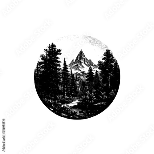 A black and white engraving depicting a majestic mountain landscape scene