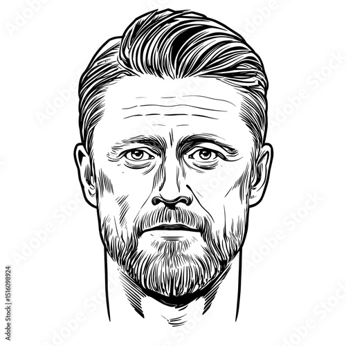 Engraved Image of a Man with a Distinctive Stylized Hair and Beard Design