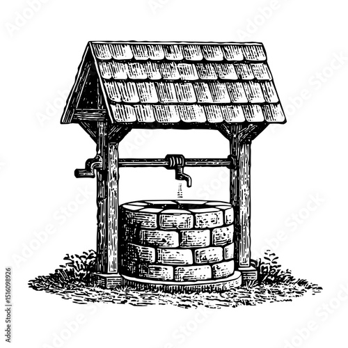 A water well is depicted in a modern illustration featuring a roof and brick construction