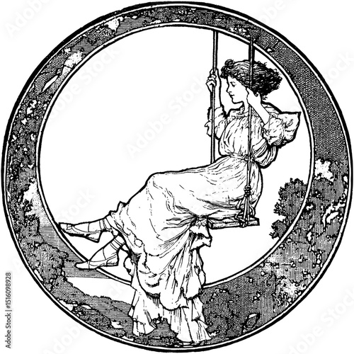 Intricate black and white engraving captures a serene woman swinging on the moon