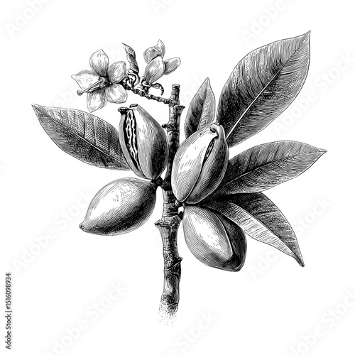 Monochrome style is used in the detailed engraving that depicts bananas and leaves