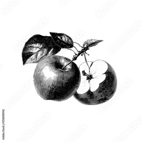 Two apples are showcased in exquisite detail within an engraved illustration that incorporates a transparent background to emphasize the art