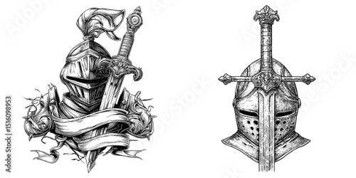 A medieval knight's helmet and sword are depicted in a classic black and white illustration of armor and weapons