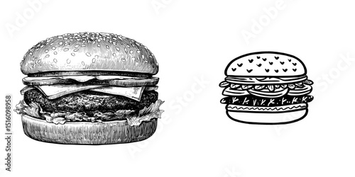 The concept of a plant-based burger is depicted in a minimalist food illustration using monochrome colors