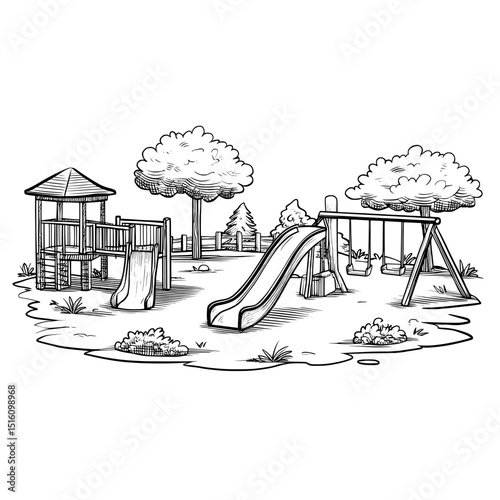 Coloring Pages, which is a fun playground equipped with swings and a slide, surprisingly lacks color and is uncolored, black and white