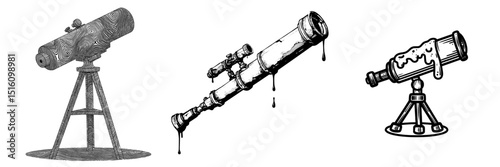Monochrome artistic style depiction of an abstract dripping telescope illustration