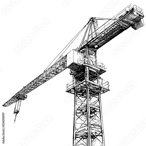 The close-up, low-angle image of a construction crane is rendered as a monochrome line drawing, where thin, detailed lines are used to highlight the crane's technical aspects, much like a blueprint
