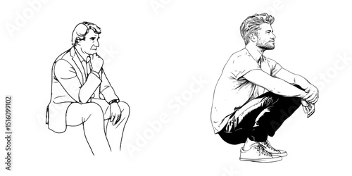 Profile view of a reflective man, illustrated in a contemporary manner, perfect for incorporation into artistic and design initiatives