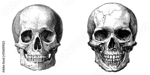 Intricate black and white engraving depicting a realistic skull