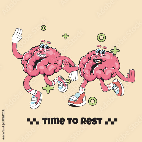 A vintage Style illustration of a brain character running, symbolizing the needed to rest and recharge, perfect for mental health, wellnes, productivity themed design, tshirt design, stickers design 