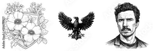 A heraldic emblem is depicted in a black and white outline sketch engraving, mimicking a scratch board, illustrated in a vintage line art style on a white background