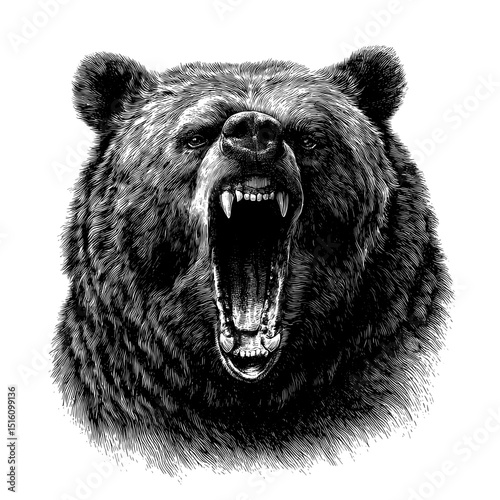 The portrait of an angry bear is depicted in a black and white outline through a sketch and engraving style, resembling a scratch board imitation