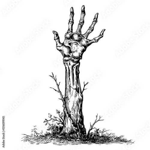 A detailed illustration of a decaying skeletal hand, rendered in modern black and white, is shown in a sketch or engraving style as it reaches up from the ground