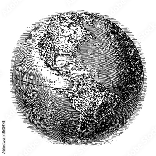 Earth globe sketch engraving is illustrated in vintage line art style on a white background, presented as a black and white outline with a scratch board imitation