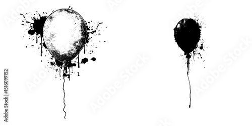 A sketch of a balloon done in monochrome with added splashes of ink and a dripping effect