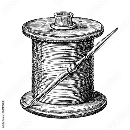 Elegant sketch art featuring a sewing spool accompanied by a needle and thread illustration