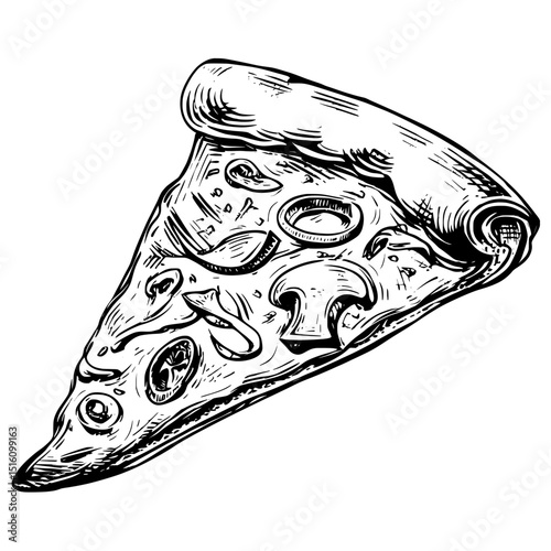 The engraving showcases a pizza slice replete with an assortment of mouth-watering toppings in exquisite detail