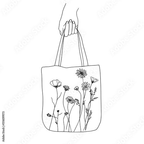 Engraved on a vintage bag is an illustration of a floral design being held by a hand