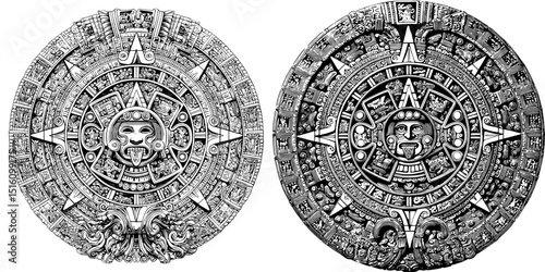 A vintage Mayan calendar represents traditional Aztec culture, functioning as an ancient monochrome emblem of Mexico and American Indians, illustrated in an engraved hand-drawn old sketch suitable