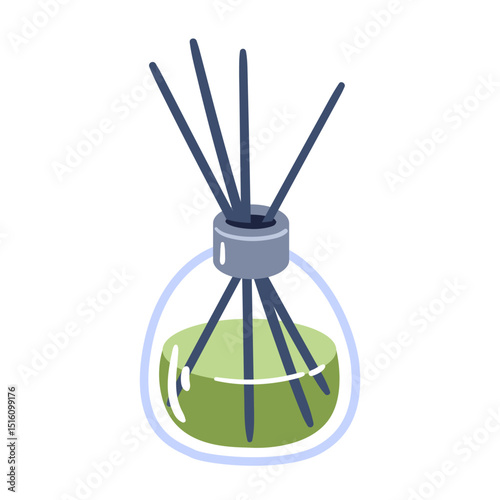 Natural aromatherapy reed diffuser with green essential oil in clear glass bottle. Hand drawn vector illustration.