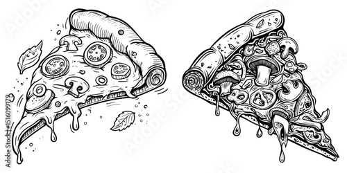 Intricate engraving of a delectable pizza slice complete with various toppings and spread