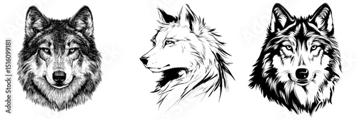 The illustration, titled Wolf's Gaze, presents a wolf's head in a bold, monochrome style, with intense stare and stylized fur in black and white