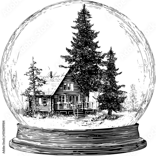 The snow globe has a vintage woodcut design with a cabin and pine tree inside