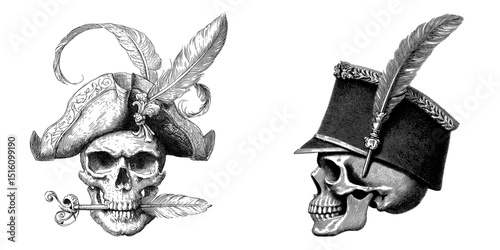 A quill design is incorporated into an intricate engraving of a skull and a military cap
