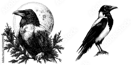 Illustrations of crow birds are depicted in simple ink sketches that feature animals and nature in monochrome black and white modern drawings
