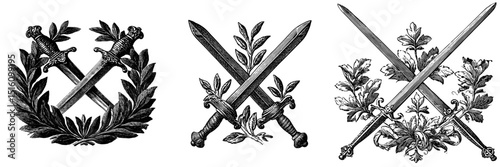 A vintage illustration featuring crossed swords adorned with laurel leaves