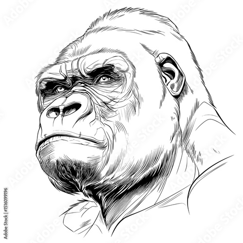 A gorilla's head is captured in profile through a bold monochrome illustration in Gorilla Portrait, accentuating its powerful features and intense gaze