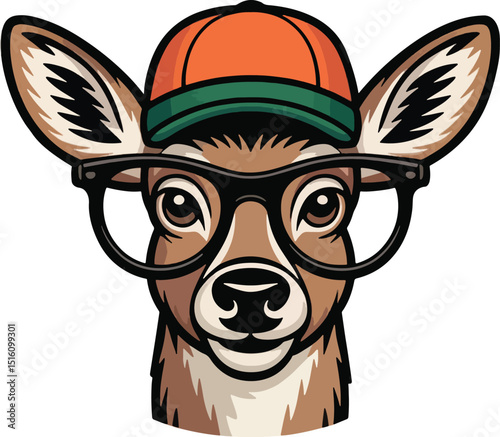 Hipster Deer Portrait: A cute deer fawn with glasses and a baseball cap. This quirky illustration is perfect for apparel, social media, or any project needing a touch of fun and whimsy. 