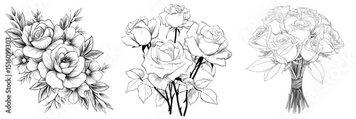 The Rose Bouquet illustration presents an elegant line art depiction of a rose cluster, highlighting their delicate petals and stems in monochrome