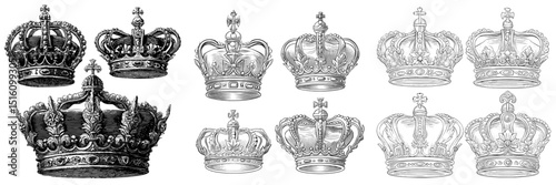 A regal monochrome line art illustration is presented in Royal Crowns, featuring three distinct crowns that showcase ornate details and symbolic power