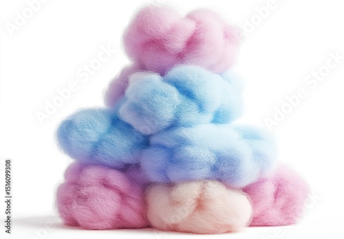 Stacked soft, pastel-colored cotton candy clouds, forming a pyramid shape against a white background