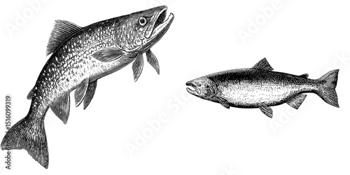 In the Salmon Illustration, a salmon is shown in profile through a bold, monochrome artwork with meticulously detailed scales and fins, all in a vintage style