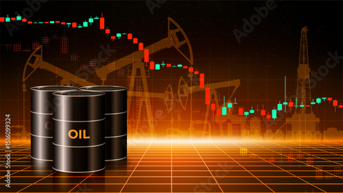 Chart of falling oil prices per barrel. Crude oil barrels on dark abstract desert background. Analysis of fall of global energy markets. Investment strategies. Market review. Vector illustration