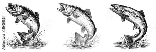 Salmon Leap is captured in a detailed monochrome line art illustration, where a salmon is depicted mid-leap, displaying its powerful form and scales in elegant black ink