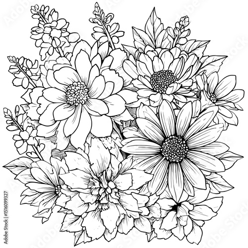 A cluster of delicate wildflowers is beautifully illustrated in ‘Floral Bouquet’ through an elegant line art piece, with intricate details in monochrome ink