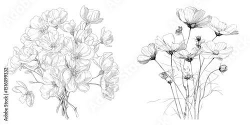Floral Bouquet is an elegant illustration that uses line art to depict a vibrant assortment of wildflowers, with their delicate petals and stems shown in exquisite monochrome