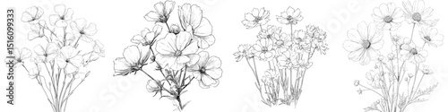 An elegant line art illustration depicts a cluster of wildflowers, showcasing delicate petals and slender stems in monochrome detail, titled Floral Bouquet