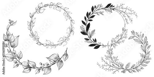 Monochrome style is used in a modern minimalist illustration of two botanical wreaths with detailed hand-drawn leaf branches