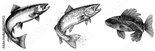 A bold monochrome artwork presents a salmon in profile, with its scales and fins meticulously detailed in a striking black and white style