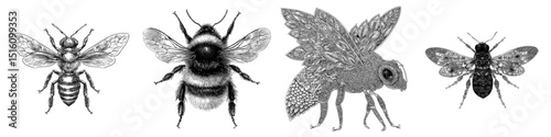 A detailed monochrome illustration of a bumble bee is presented, highlighting its hairy body, intricate wings, and delicate legs through exquisite linework
