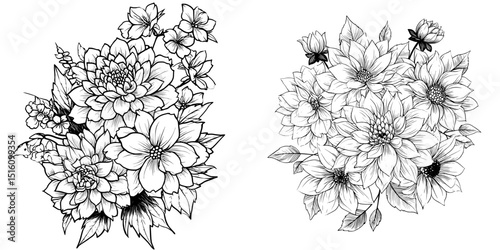 A lush arrangement of various flowers is showcased in a detailed monochrome line art illustration, emphasizing intricate details and delicate petals
