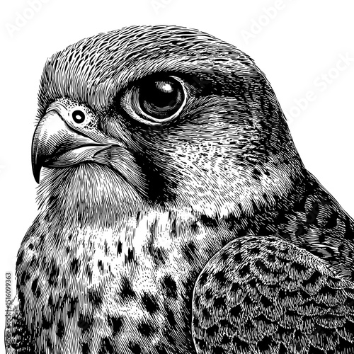 Black and white falcon outline, illustrated in a vintage style with scratch board imitation on a plain white background